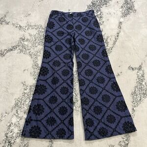 Elevenses Pants Womens Sz 6 Blue Pinstripe Black Floral Apllique Wide Leg Flare